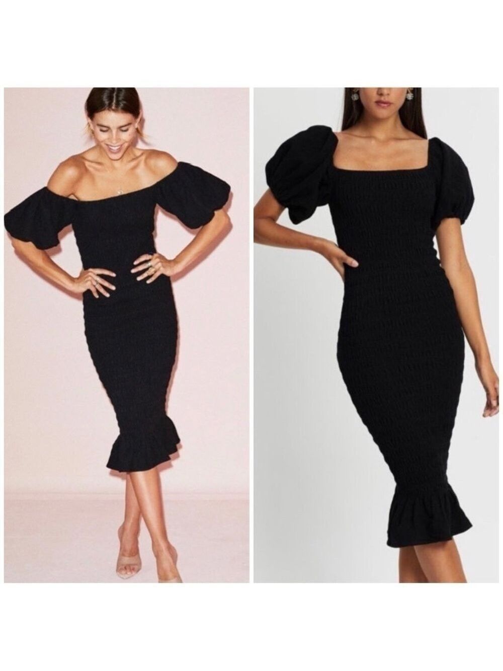 Never Fully Dressed Jojo Short Puff Sleeve Smocked Midi Dress in Black